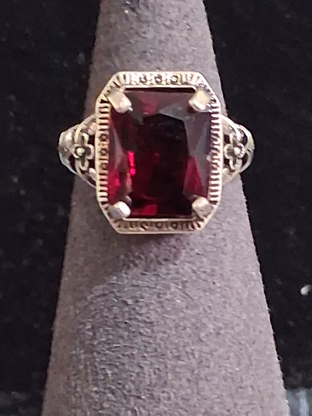 Vintage Victorian Style Sterling Silver Emerald Cut Ruby Ring Sz 5.5 Art Deco